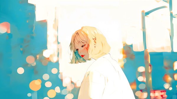 夜の街を歩く女性の淡くノスタルジックな水彩イラスト素材 no.7