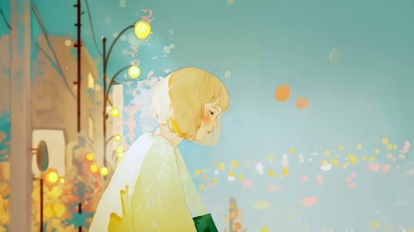 夜の街を歩く女性の淡くノスタルジックな水彩イラスト素材 no.8