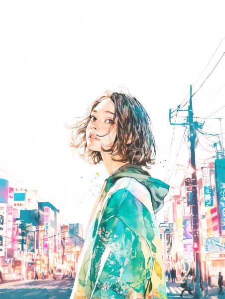 都会の街を歩く女の子のモダン水彩ポートレートイラスト素材 no.1