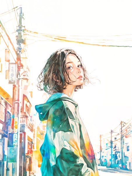 都会の街を歩く女の子のモダン水彩ポートレートイラスト素材 no.2