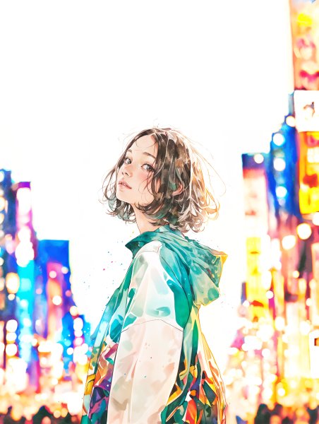 都会の街を歩く女の子のモダン水彩ポートレートイラスト素材 no.3