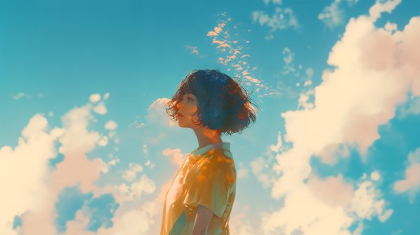 女性と青空の多重露光風アートポートレート no.1