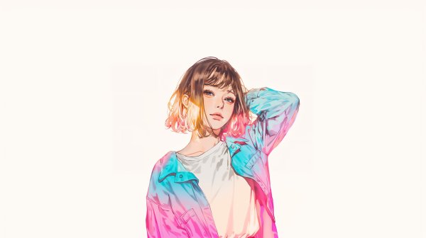 淡いくすみカラーでカラフルに描かれたちょっとボーイッシュな女の子のイラスト no.1