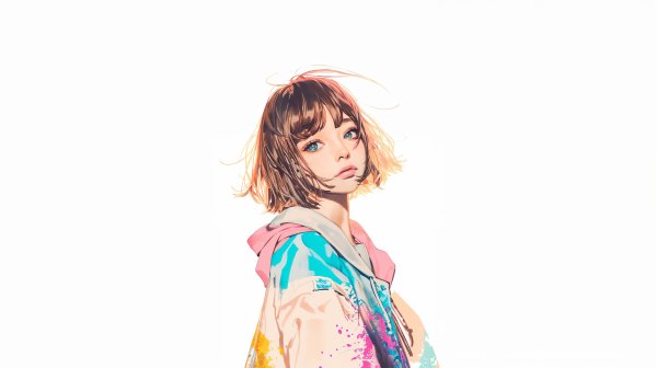 淡いくすみカラーでカラフルに描かれたちょっとボーイッシュな女の子のイラスト no.2