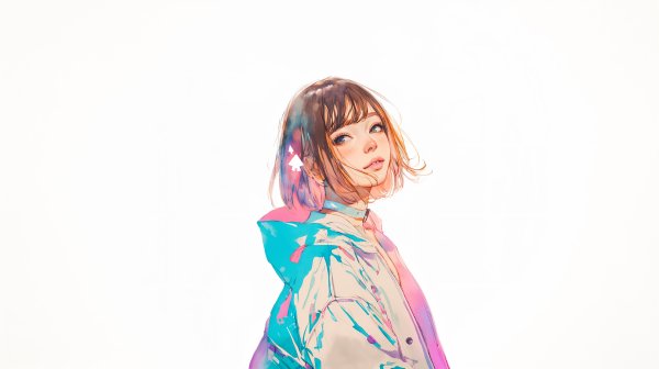 淡いくすみカラーでカラフルに描かれたちょっとボーイッシュな女の子のイラスト no.6