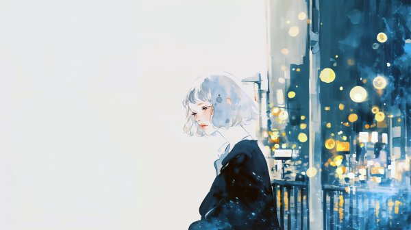 夜の街を静かな表情で歩く女性の水彩イラスト no.1