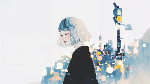 夜の街を静かな表情で歩く女性の水彩イラスト no.2
