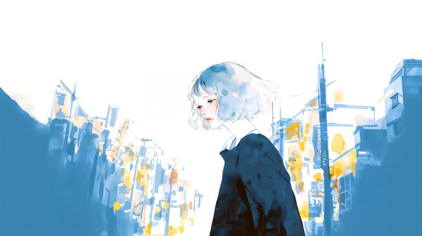 夜の街を静かな表情で歩く女性の水彩イラスト no.3