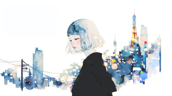夜の街を静かな表情で歩く女性の水彩イラスト no.4