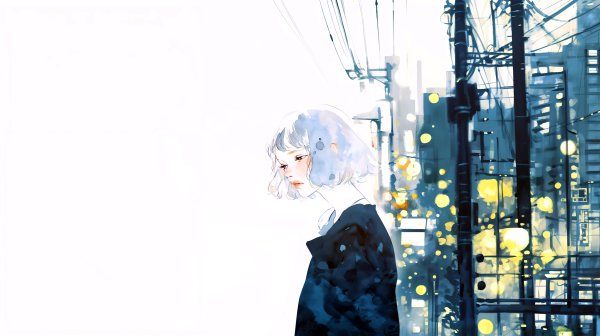 夜の街を静かな表情で歩く女性の水彩イラスト no.5