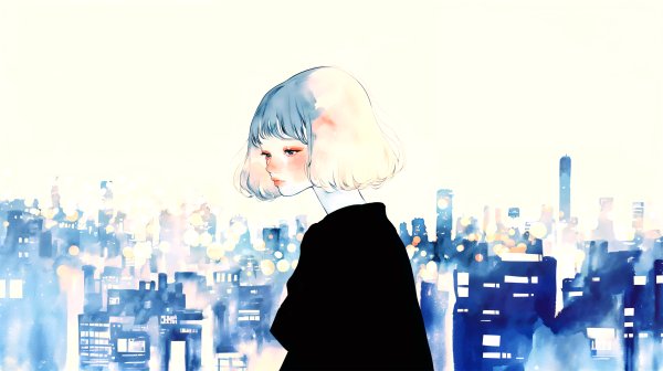夜の街を静かな表情で歩く女性の水彩イラスト no.6