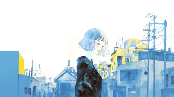 夜の街を静かな表情で歩く女性の水彩イラスト no.7