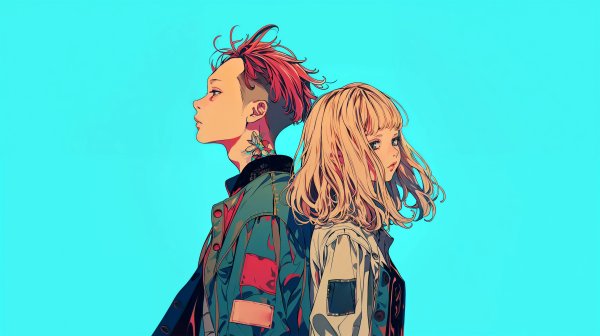 背中合わせに立つアニメチックな男女のイラスト素材 no.2