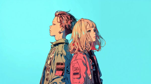 背中合わせに立つアニメチックな男女のイラスト素材 no.4