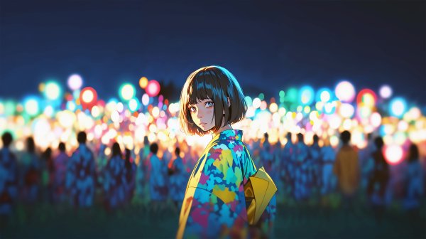 夏祭り会場で振り向く浴衣の女の子のイラスト素材 no.10
