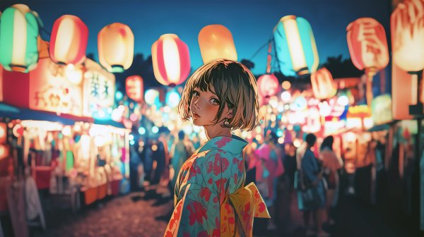夏祭り会場で振り向く浴衣の女の子のイラスト素材 no.6