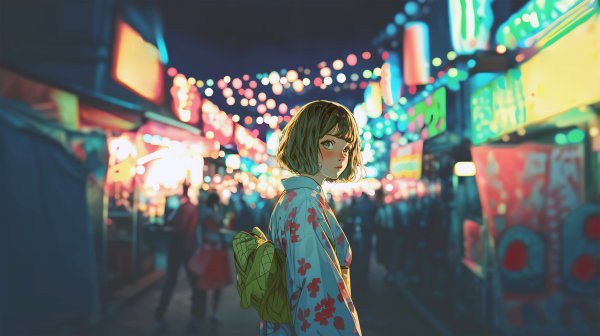 夏祭り会場で振り向く浴衣の女の子のイラスト素材 no.9