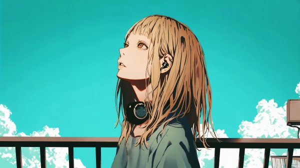 青空を見上げるヘッドホンを首にかけた若い女性の横顔イラスト no.1