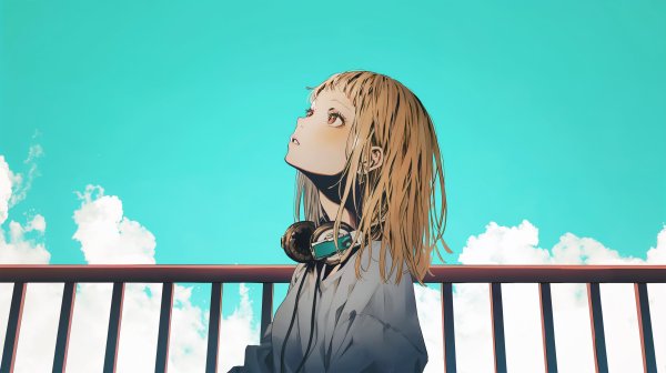 青空を見上げるヘッドホンを首にかけた若い女性の横顔イラスト no.2