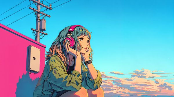 夕日を眺めながらヘッドホンで音楽を聴く若い女性のイラスト no.1