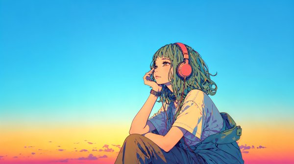 夕日を眺めながらヘッドホンで音楽を聴く若い女性のイラスト no.2