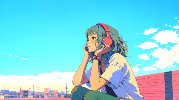 夕日を眺めながらヘッドホンで音楽を聴く若い女性のイラスト no.4