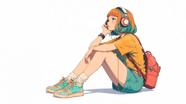 地面に座りヘッドホンで音楽を聴く女性の全身イラスト no.1