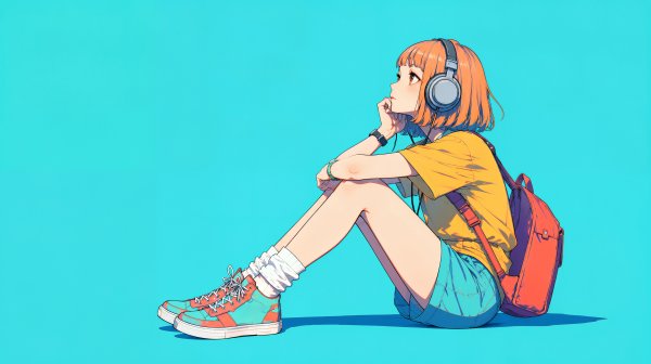 地面に座りヘッドホンで音楽を聴く女性の全身イラスト no.2