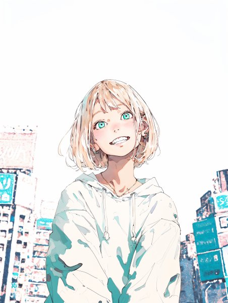 都会の街中でカメラ目線で笑う若い女の子のイラスト no.1