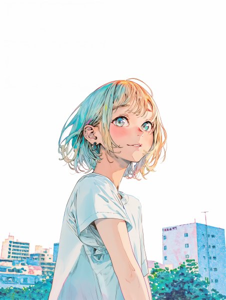都会の街中でカメラ目線で笑う若い女の子のイラスト no.2