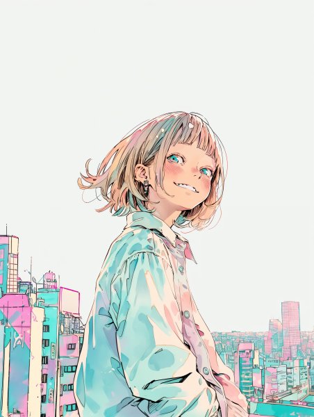都会の街中でカメラ目線で笑う若い女の子のイラスト no.3