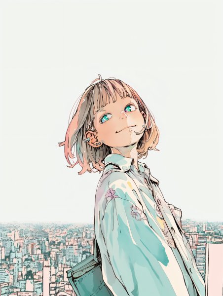 都会の街中でカメラ目線で笑う若い女の子のイラスト no.4