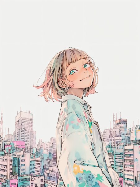都会の街中でカメラ目線で笑う若い女の子のイラスト no.5