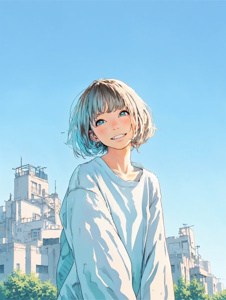 街中で元気に笑う若い可愛い女の子のイラスト no.1