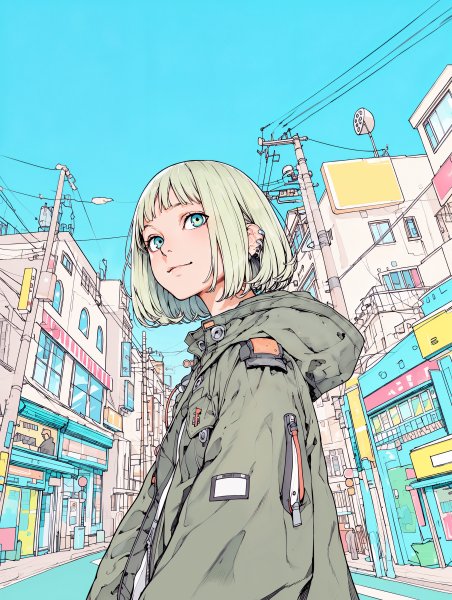 街中で元気に笑う若い可愛い女の子のイラスト no.2