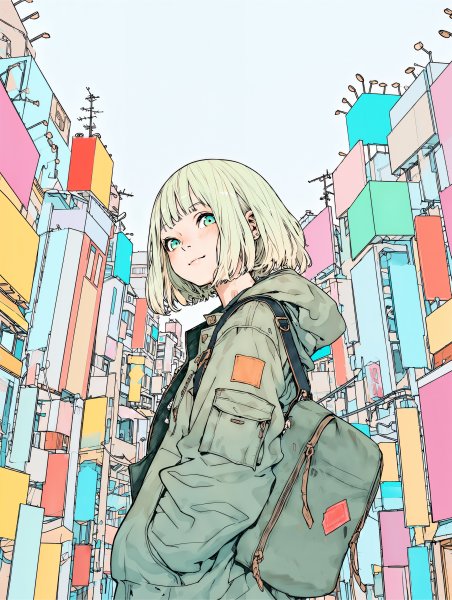 街中で元気に笑う若い可愛い女の子のイラスト no.3