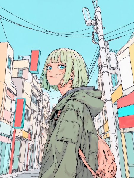街中で元気に笑う若い可愛い女の子のイラスト no.4