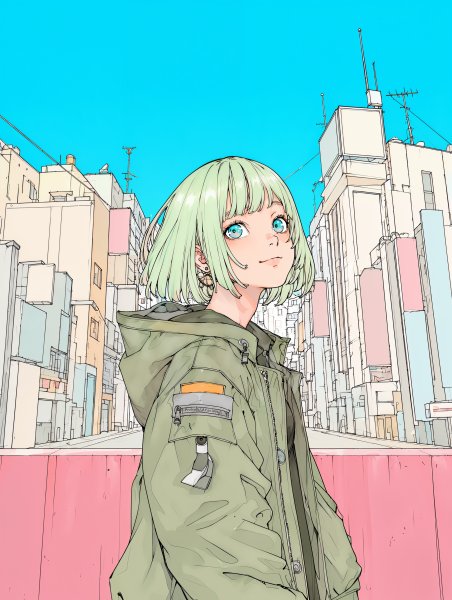街中で元気に笑う若い可愛い女の子のイラスト no.5