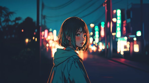 夜の街で振り返る可愛い女の子のイラスト no.1