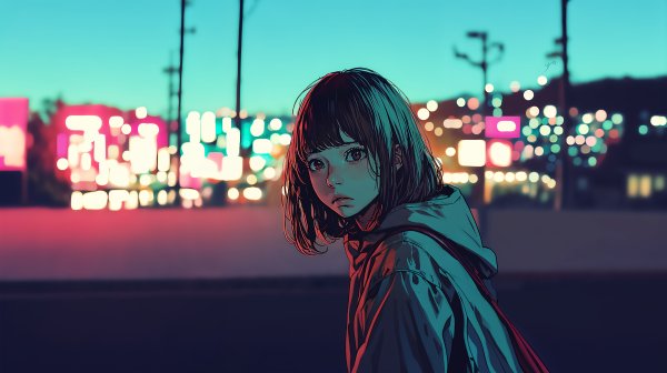夜の街で振り返る可愛い女の子のイラスト no.2