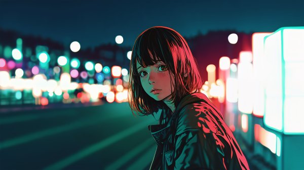 夜の街で振り返る可愛い女の子のイラスト no.3