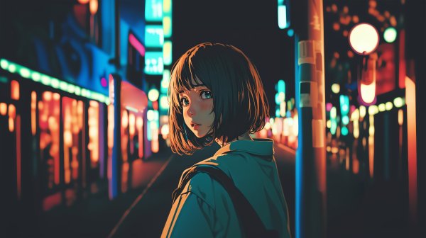 夜の街で振り返る可愛い女の子のイラスト no.4