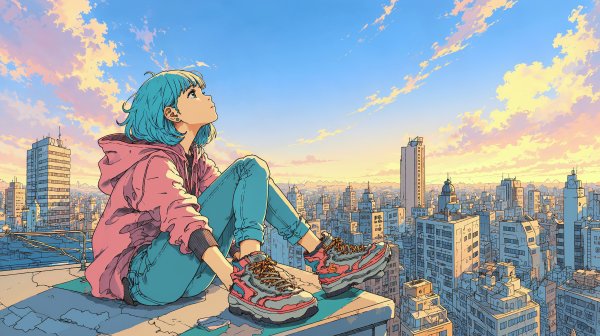 夕焼けに染まる都会の空を屋上に座って眺めている女の子のイラスト no.1