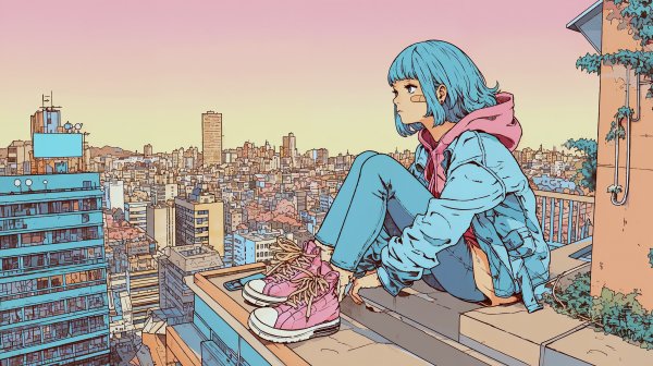 夕焼けに染まる都会の空を屋上に座って眺めている女の子のイラスト no.3