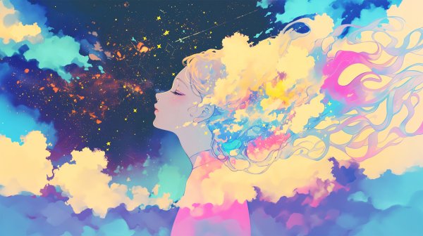 目を閉じる女性と幻想的な夜空 no.2