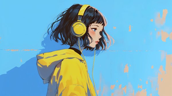 ヘッドホンで音楽聴きながら歩くクールな女の子の横顔イラスト no.3