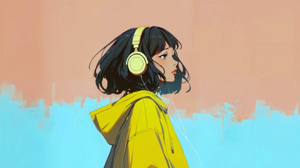 ヘッドホンで音楽聴きながら歩くクールな女の子の横顔イラスト no.4