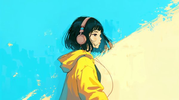 ヘッドホンで音楽聴きながら歩くクールな女の子の横顔イラスト no.5