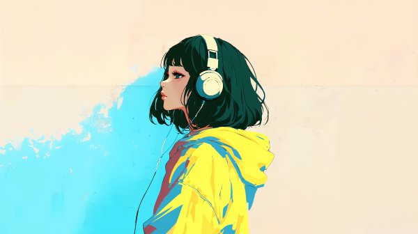 ヘッドホンで音楽聴きながら歩くクールな女の子の横顔イラスト no.6