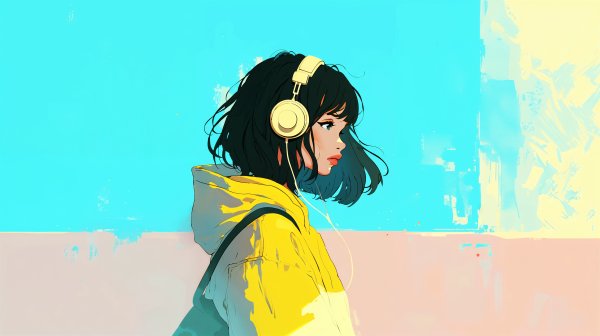 ヘッドホンで音楽聴きながら歩くクールな女の子の横顔イラスト no.7